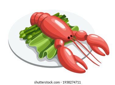 Whole Boiled Lobster Dinner Fillet On Plate. Cooked Oyster With Asparagus And Leaf Salad. Cartoon Vector Seafood Illustration.