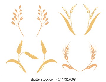 ganze Brotgetreide oder Getreidefuttermittel mit nährstoffhaltigem Roggen, gekörnt Symbole für Logo-Design Weizen. Landwirtschaft, Mais, Gerste, Stalzen, ökologische Pflanzen, Brot, natürliche Lebensmittelernte 