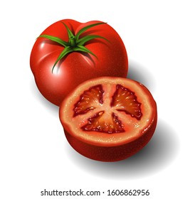 Whole bright red tomato and half a tomato on a white background. Highly realistic illustration.