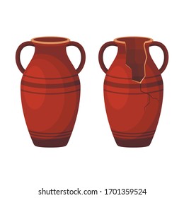 Whole and broken ancient amphora icon with two handles. Antique clay vase jar, Old traditional vintage pot. Ceramic jug archaeological artefact. Greek or Roman vessel pottery for wine or oil. Vector