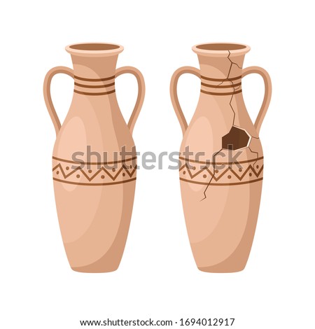 Whole and broken ancient amphora icon with two handles. Antique clay vase jar, Old traditional vintage pot. Ceramic jug archaeological artefact. Greek or Roman vessel pottery for wine or oil. Vector Stock photo © 