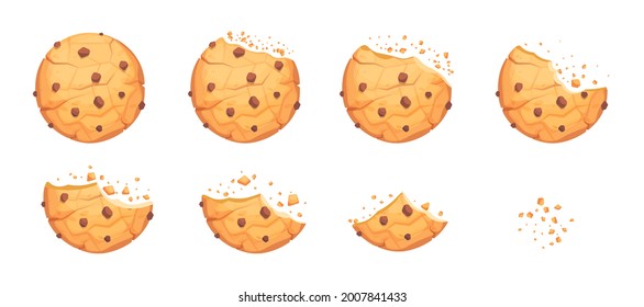 Whole, broken and bitten cookie with chocolate crisps. Round homemade chip biscuit, delicious pastry snack crumbs, bakery bite dessert vector illustration isolated on white background