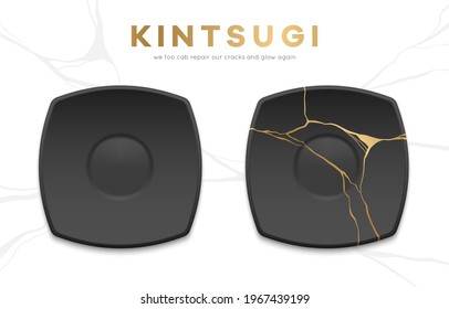 Whole and broken black vector plates with gold kintsugi cracks. Japanese art of repairing broken pottery. Repair our cracks and glow again. Asian home decoration elements. Vector illustration