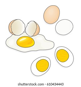 Whole, broken and boiled chicken eggs. Vector illustration. Shell with protein and yolk. Food.
