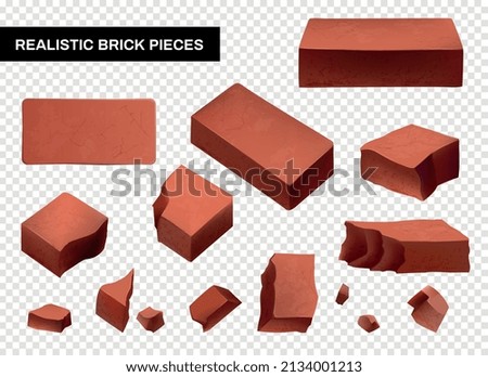 Whole and broken brick wall pieces set isolated on transparent background realistic vector illustration