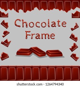 The whole and broken chocolate. A delicious rim for decorating dessert, menu, etc. The sweet frame on grey background. Used gradient, isn't used transparency in the art. Vector illustration. EPS 10.