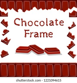 The whole and broken chocolate. Pieces of black cocoa. Confectionery frame. A delicious rim for decorating food, dessert, sweets, menu, etc. Color fill isn't the gradient. Vector illustration. EPS 8.