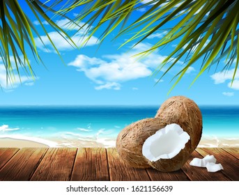 Whole and broken down coconuts lie on wooden boards on the background of the sea. Highly realistic illustration.