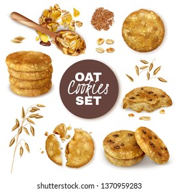 Whole and broken oatmeal cookies decorated with ears of oats realistic set isolated vector illustration