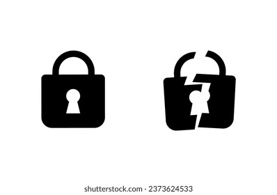 Padlock entero y roto. Símbolo de seguridad y privacidad y violó la seguridad con intrusión y falta de seguridad de vector requerida