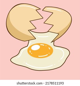 Conchas enteras rotas y yema de huevo de pollo. Ilustración vectorial plana dibujada a mano en tono suave pastel aislado en fondo rosa claro.