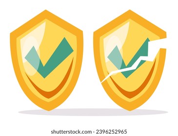 Concepto aislado de escudo completo y roto. Ilustración del elemento de diseño gráfico del vector