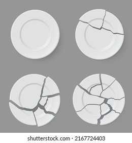 Whole And Broken White Ceramic Plate Top View Collection Realistic Template Vector Illustration. Break Crockery Damaged Porcelain Pieces Circle Kitchen Utensil For Food Serving. Quarrel Accident Split