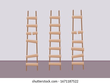 Whole and broken wooden stairs. Flat vector illustration.