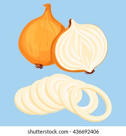 Whole bulb onion, half and onion rings isolated on blue background. Vector illustration.