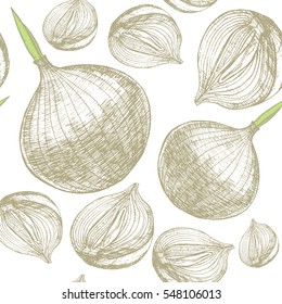 Whole Bulb Onion and Slice Hand Draw Sketch Background Pattern. Vector illustration