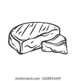 Whole camembert cheese with cut slice in engraved doodle style. Hand drawn soft creamy product. Vector illustration for menu, recipe, or packaging.