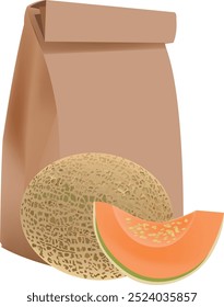 Melão cantaloupe inteiro e uma fatia são apresentados ao lado de um saco de papel marrom