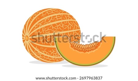 A whole cantaloupe melon and a slice, showcasing the vibrant orange flesh and textured rind, perfect for summer enjoyment.