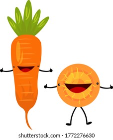 whole carrot and sliced round slice texture closeup funny cartoon characters holding thumbs up object on white background concept of vitamins and agriculture