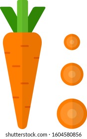 Whole carrots vertically and slices of carrots nearby vector flat icon isolated on white