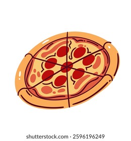 Whole cartoon pizza cut into triangles pieces. Funny pizza for dinner with crust, salami sausages and cheese, top view. Fast food, pizzeria mascot, cartoon hot Italian snack vector illustration