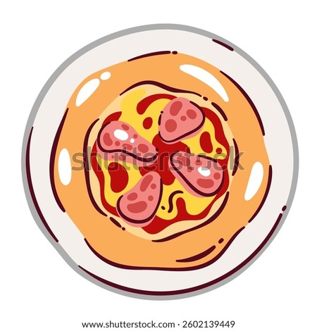 Whole cartoon pizza with ham meat slices. Funny mini circle pizza on plate ready to eat, cooked tasty dough, tomato sauce, cheese. Fast food mascot, cartoon gourmet baked snack vector illustration