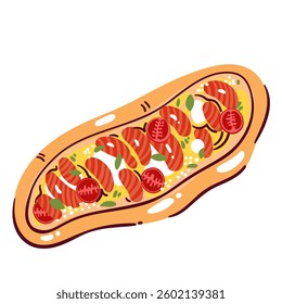 Whole cartoon pizza with salmon. Funny hot flatbread of oval shape with red fish and tomato slices, mozzarella and cheese sauce, basil. Fast food mascot, cartoon rustic pizza vector illustration