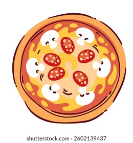 Whole cartoon pizza, top view. Funny round pizza with slices of salami and mushrooms, tomato sauce and melted cheese, crust. Fast food menu mascot, delicious cartoon snack vector illustration