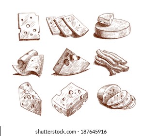 Whole Cheese Blocks And Slices Assortment Doodle Food Icons Set Vector Illustration