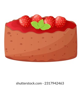 Whole cheesecake decorated with strawberry and mint, sweet pastries isolated on white background.