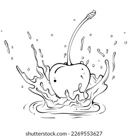 Whole cherry with juice or water splash. Liquid drops. Vector illustration in hand drawn sketch doodle style. Line art ingredient for fresh juice isolated on white. Close up fruit. Coloring book page