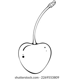 Whole cherry. Vector illustration in hand drawn sketch doodle style. Line art botanical natural ingredient for fresh juice isolated on white. Close up summer fruit. Coloring book page
