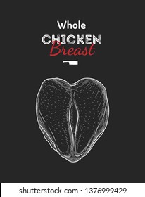 Whole chicken breast drawing vector illustration. Fresh raw cuts of chicken isolated pieces. Chicken logo, label, sign, emblem. For shop, farm, butcher, butchery, poultry. Vintage style. 