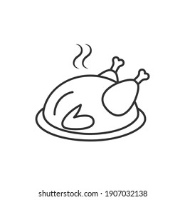 Whole chicken cooked lying on a plate, linear outline icon, vector illustration.