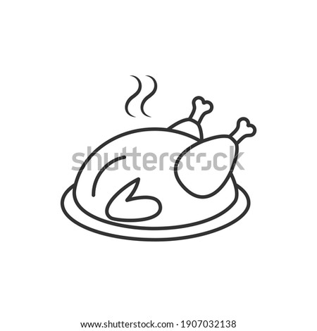 Whole chicken cooked lying on a plate, linear outline icon, vector illustration.