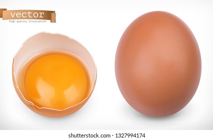 Whole chicken egg and broken egg with yolk. 3d realistic vector icon set