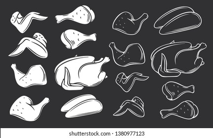 Whole Chicken, Chicken Legs And Wings, Outline And Silhouette, Isolated. Gastronomic Products Set. Vector Illustration, Retro Style.