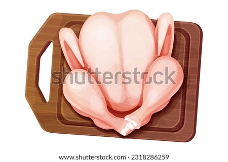Whole chicken meat or turkey full bird top view on wooden cutting board in cartoon style isolated on white background. Raw, uncooked product, ingredient