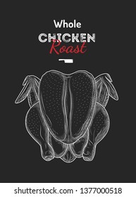 Whole chicken vector drawing illustration. Raw fresh meat.
Isolated vector logo. For shop,  farm, butcher, poultry. Illustration. Label, sign, emblem, symbol, mascot. Set of logotypes. Vintage style.