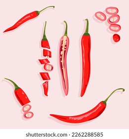 Whole chili, chopped and halved. Useful spicy vegetable. Vector illustration consisting of a set of chili peppers.