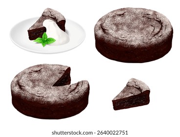 Whole chocolate gateau cake and cake cut into individual portions