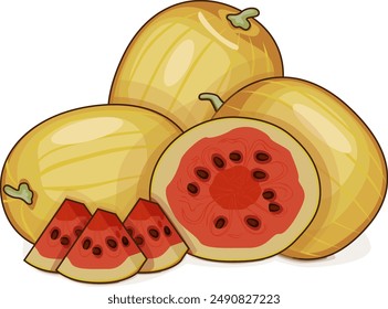 Whole and chopped Faerie watermelon. Citrullus lanatus. Vegetables. Clipart. Isolated vector illustration.