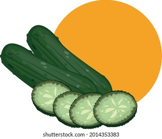 Whole and chopped gherkins in vector isolated with yellow background
