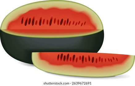 Whole and chopped Kiran Watermelons. Ice-box Watermelon. Citrullus lanatus. Fruits and vegetables. Isolated vector illustration.
