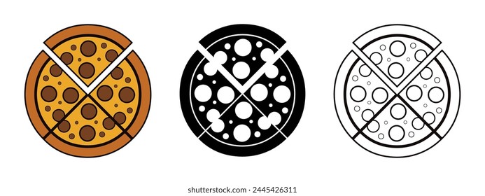 Whole and chopped pizza icon. Vector collection on white background.