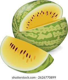 Melancia de boneca amarela inteira e picada. Citrullus lanatus Frutas e legumes. Ilustração isolada de vetor.