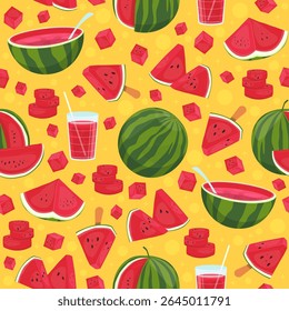 Inteiros e pedaços de melancia. Fruto padrão sem emenda. Suco fresco e fatias saborosas. Refrescando coquetel. Impressão repetida. Comida de praia de verão. Suculenta. Pedaços doces