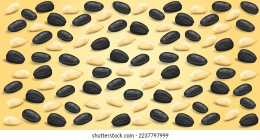 Whole and cleaned sunflower seeds. Vector pattern. Yellow gradient background. Seeds in the shell and kernels of sunflower seeds