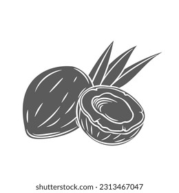 Whole coco nut and half glyph icon vector illustration. Stamp of open and closed coco fruit, leaves of palm tree, fresh tropical coconuts with shell and husk for cooking exotic vegetarian dessert